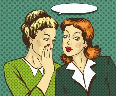 Pop art retro komik vektör çizim. Dedikodu ya da gizli onun arkadaşı fısıldayan kadın. Konuşma balonu