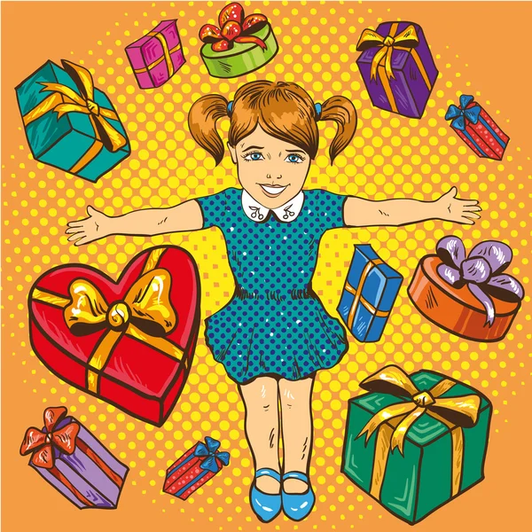 Hediyeleri ve hediye kutuları olan küçük kız. Doğum günü konsepti afişi. Komik retro pop sanat tarzı vektör illüstrasyon. Karikatür tasarım simgeleri — Stok Vektör