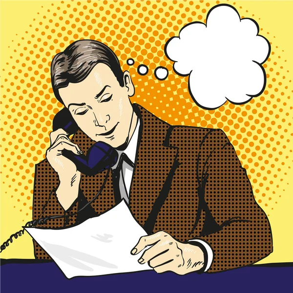 Homme d'affaires parlant par téléphone et lisant des documents. Illustration vectorielle dans un style rétro pop art comique — Image vectorielle