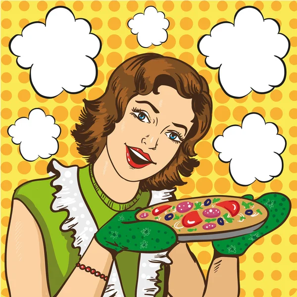 Mujer cocinando pizza en casa. Ilustración vectorial en estilo retro-cómic pop art — Vector de stock