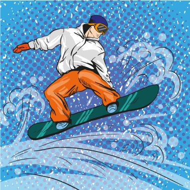 Dağlarda snowboard adam. Vektör çizim pop sanat retro tarzı. Kış sporları tatil kavramı. Snowboard ile sporcu atlama