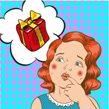 Küçük kız bir hediye yüzünden rüya. Vektör çizim komik retro pop sanat tarzı.