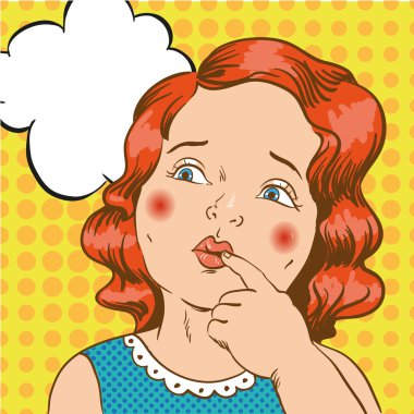 Küçük kız hakkında bir şey düşünüyorum. Vektör çizim komik retro pop sanat tarzı