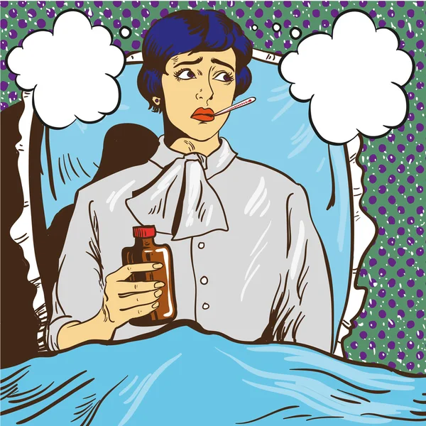 Sick woman with fever lie down on a bed in hospital room. Girl holds thermometer in her mouth. Vector illustration pop art comic style — Stock vektor