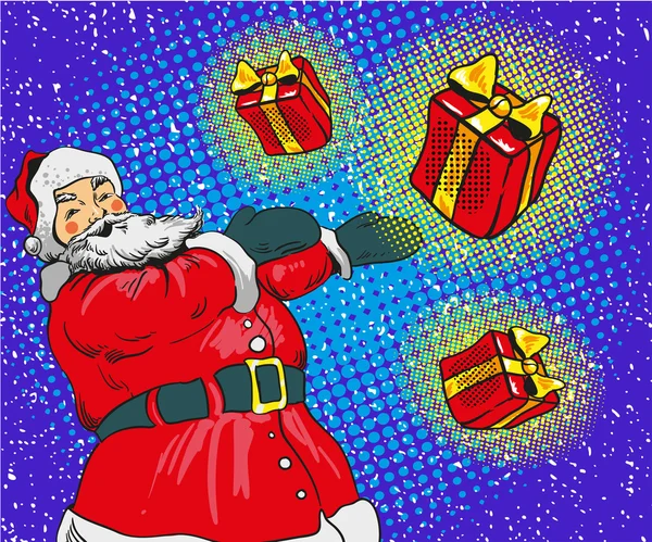 Санта-Клаус с векторной иллюстрацией подарков в стиле поп-арта. Открытки с праздничным плакатом и поздравительной открыткой — стоковый вектор
