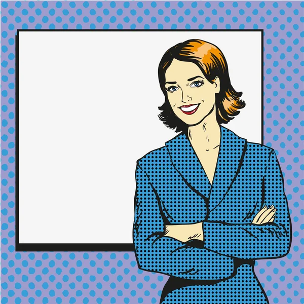 Woman with blank white paper poster. Pop art comic retro style vector illustration. Put your own text template — Stock Vector