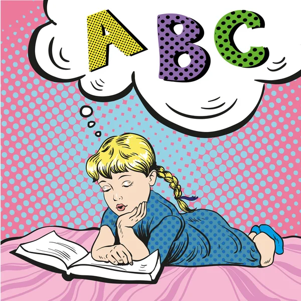Una ragazzina che legge un libro su un letto. Illustrazione vettoriale in stile pop art comico. Studiare l'alfabeto — Vettoriale Stock