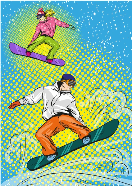 Hombre y mujer haciendo snowboard en las montañas. Ilustración vectorial en estilo retro de arte pop. Deportes de invierno concepto de vacaciones — Archivo Imágenes Vectoriales