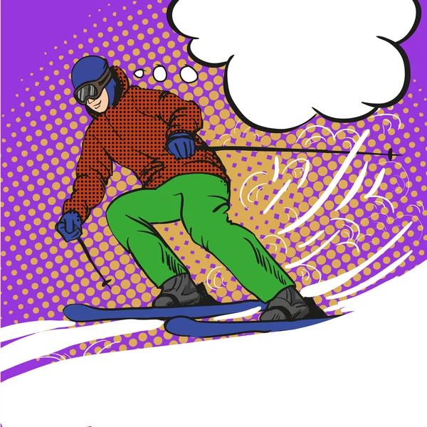 Man skier skiing in mountains. Vector illustration in pop art retro style. Winter sports vacation concept — Stock Vector