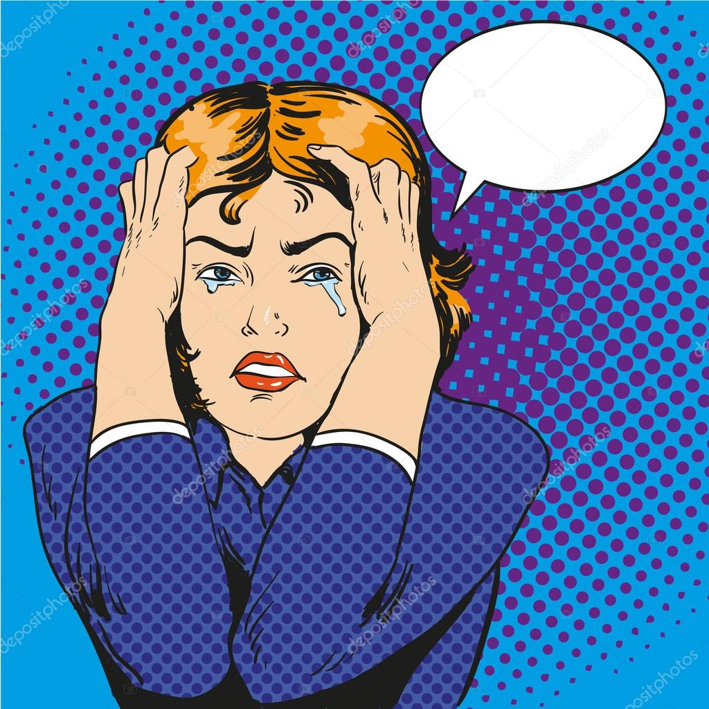 Woman in stress and crying. Vector illustration in comic retro pop art