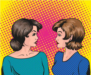 Pop art retro komik vektör çizim. İki kadın birbirleriyle konuşmak