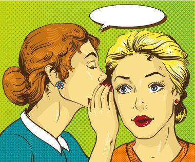Pop art retro komik vektör çizim. Dedikodu ya da gizli onun arkadaşı fısıldayan kadın.