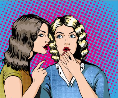 Pop art retro komik vektör çizim. Dedikodu ya da gizli onun arkadaşı fısıldayan kadın