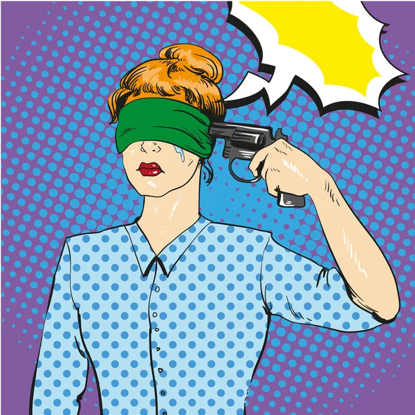 Woman with tied eyes put gun to her head in attempt of suicide. Vector illustration in retro comic pop art style. Playing russian roulette concept — Stock vektor