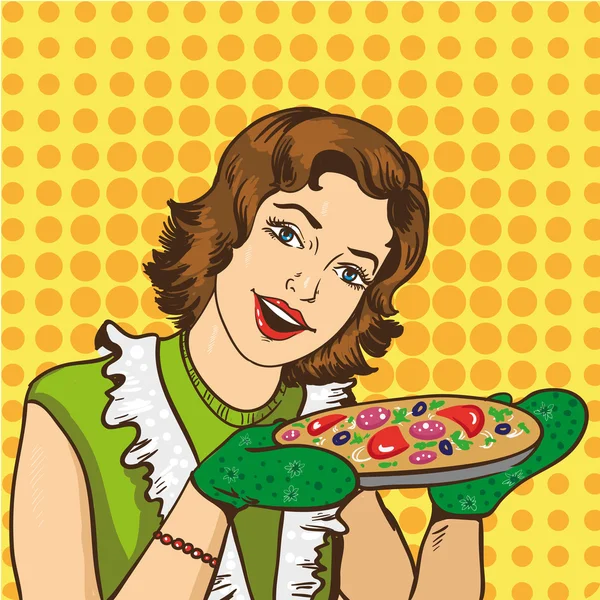 Mujer cocinando pizza en casa. Ilustración vectorial en estilo retro-cómic pop art — Vector de stock