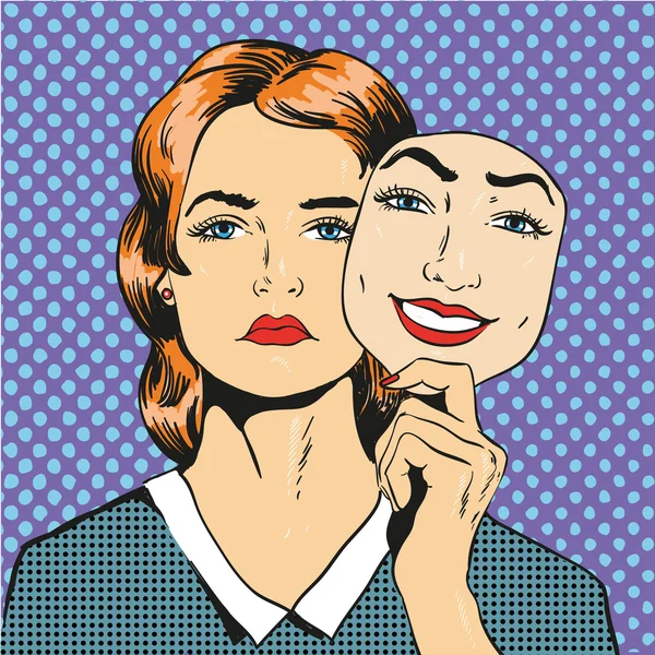 Mulher com rosto triste infeliz segurando máscara falso sorriso. Ilustração vetorial em quadrinhos estilo pop art retro —  Vetores de Stock