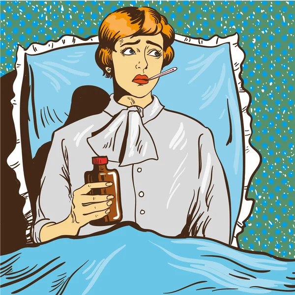 Donna malata con febbre sdraiata su un letto in camera d'ospedale. La ragazza tiene il termometro in bocca. Illustrazione vettoriale stile pop art comic — Vettoriale Stock