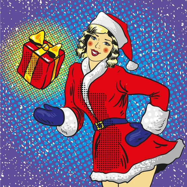 Sexy Santa pin up girl in red dress holding a gift. Vector illustration in comic pop art style. Christmas holidays concept poster — Stock Vector