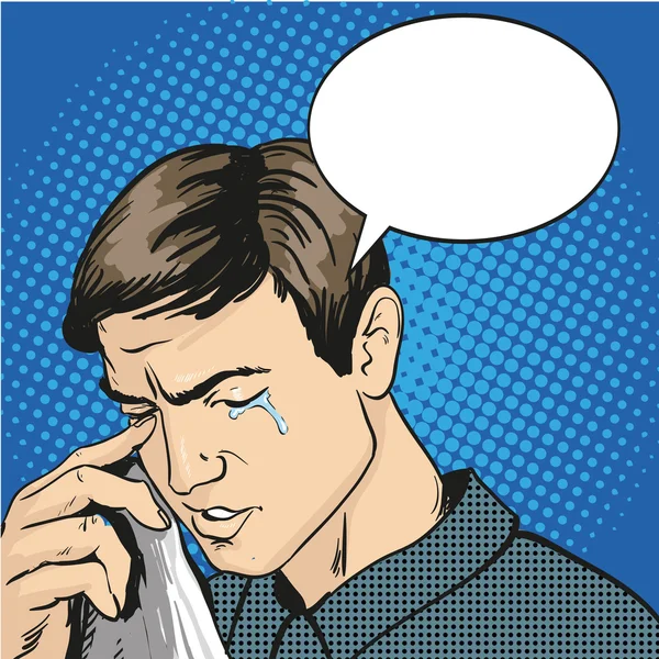Hombre estresado y llorando. Ilustración vectorial en estilo de arte pop retro cómico — Archivo Imágenes Vectoriales