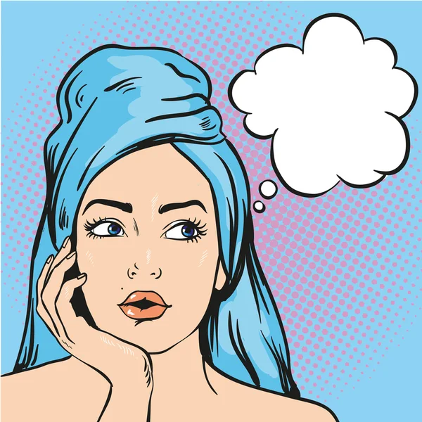 Woman after a shower thinking about something. Vector illustration in pop art comic style — ストックベクタ