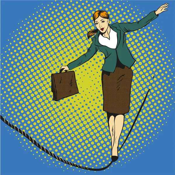 Business concept vector illustration in retro comic pop art style. Businesswoman walk on tight rope — Διανυσματικό Αρχείο