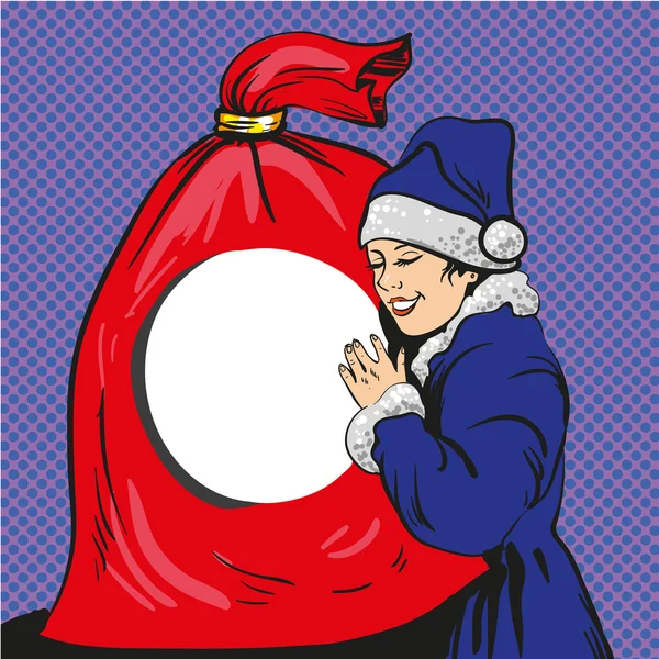 Santa pin up dziewczyna w niebieskiej sukience dzierżawa worek z darami. Ilustracja wektorowa w stylu pop komiksu. Christmas wakacje koncepcja plakat — Wektor stockowy