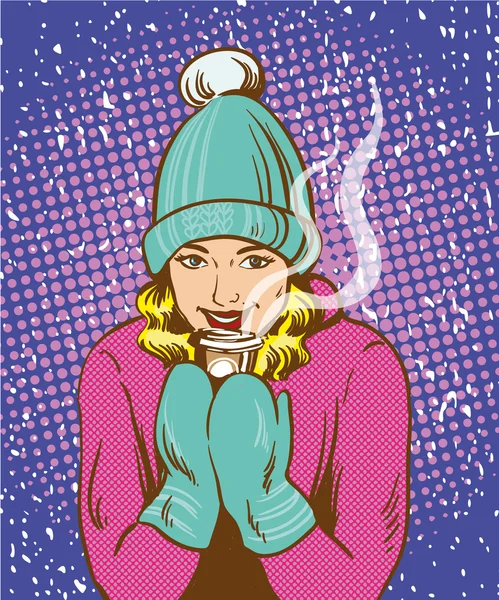 Hermosa chica con sombrero caliente y guantes sosteniendo bebida caliente. Invierno warmup concepto retro cómic pop art style — Vector de stock