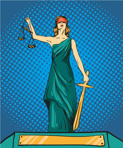 Statua dio della giustizia Themis. Femida con equilibrio e spada. Illustrazione vettoriale in stile pop art comic retrò. Concetto giuridico — Vettoriale Stock