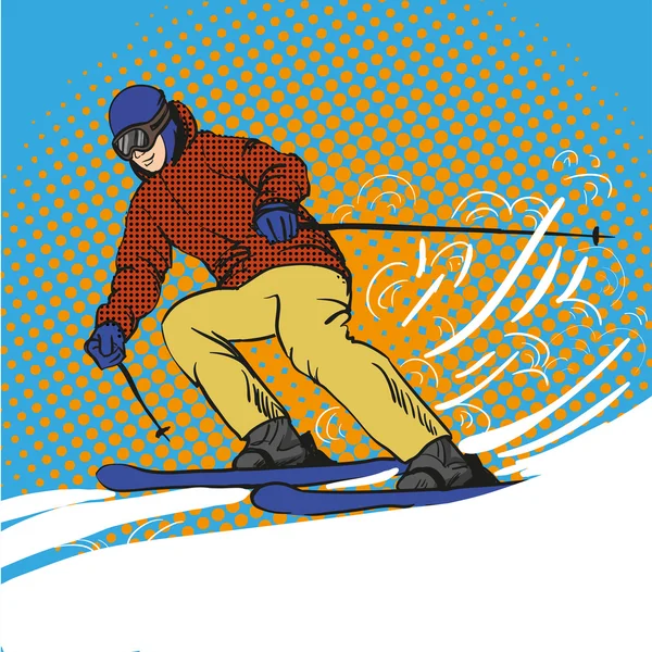 Homem esquiador esqui nas montanhas. Ilustração vetorial em estilo pop art retro. Inverno esportes férias conceito — Vetor de Stock