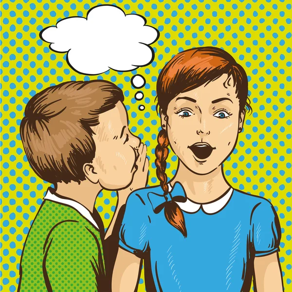 Pop art retro comic vector illustration. Kid whispering gossip or secret to his friend. Children talk each other. Speech bubble Royalty Free Stock Vectors