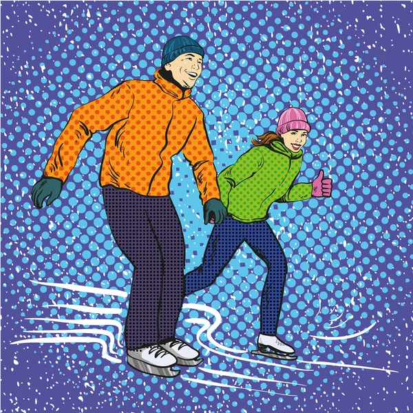 Patinaje sobre hielo de hombre y mujer. Ilustración vectorial en estilo retro de arte pop. Deportes de invierno concepto de vacaciones . — Vector de stock