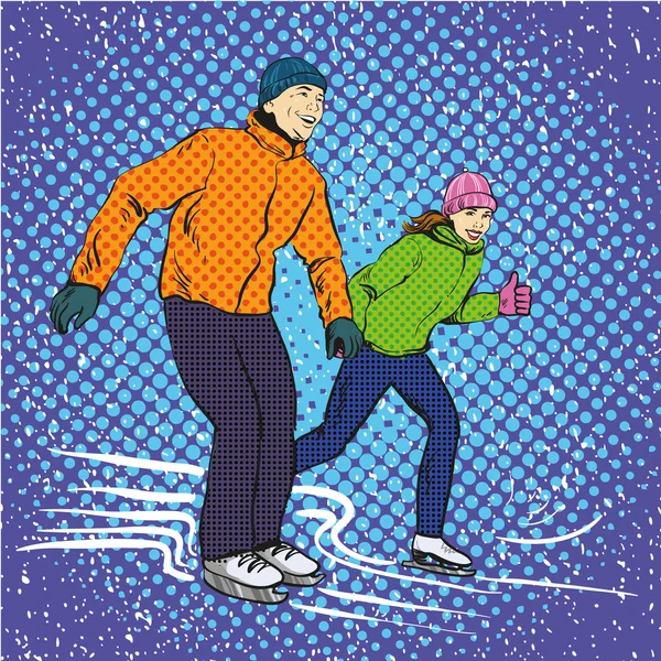 Eislaufen für Mann und Frau. Vektorillustration im Pop-Art-Retro-Stil. Wintersporturlaubskonzept. — Stockvektor