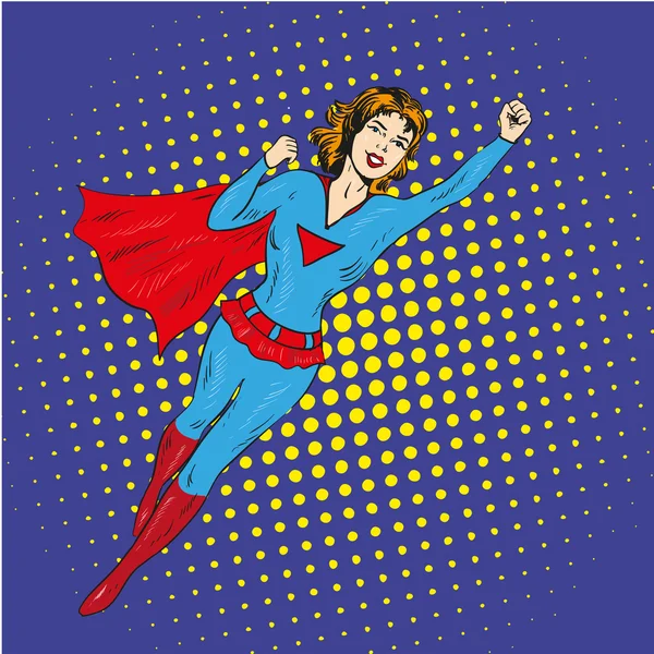 Cartel vectorial volador de Super hero woman en estilo de arte pop retro cómico — Vector de stock