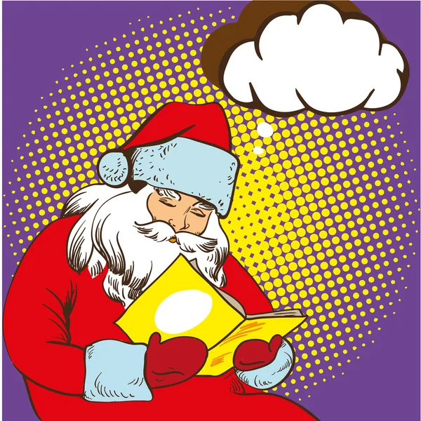 Santa claus reading fairy tales book. Vector illustration in comic pop art style. Christmas concept poster — Stock Vector