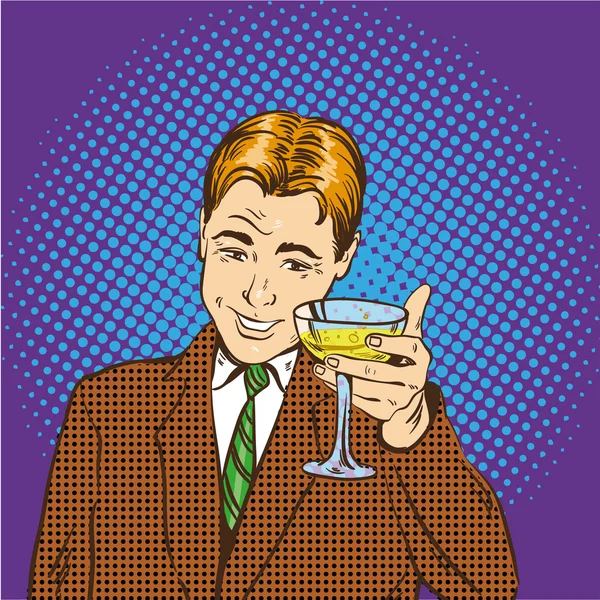 Business man with glass of champagne celebrates closed deal. Cheers and party concept vector illustration in retro pop art comic style — Stock vektor