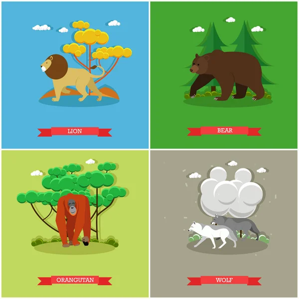 Vektor meghatározott állatok plakátok. Oroszlán, medve, orángután, Farkas — Stock Vector