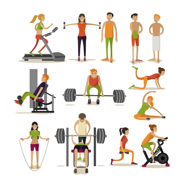 Vektoros emberek elszigetelt fehér background tornaterem betűkkel. Fitnesz és edzés edzés — Stock Vector