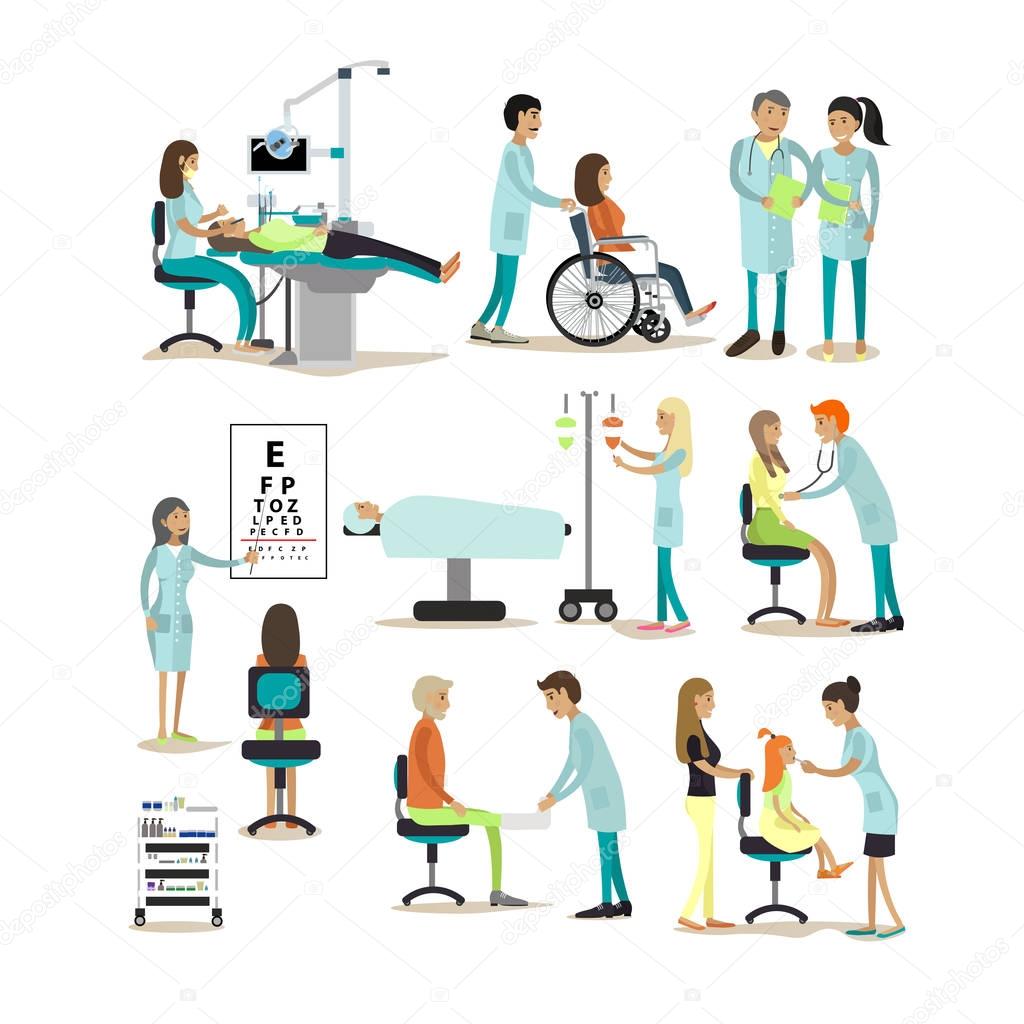 Vector set of doctors and patients characters isolated on white background. People in hospital.