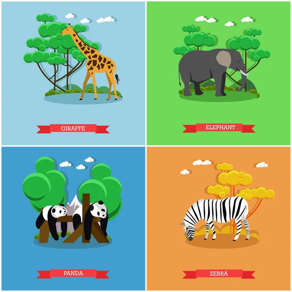 Banner conceito Zoológico. Animais da vida selvagem. Ilustração vetorial em design de estilo plano. Girafa, Zebra, Elefante, Urso Panda — Vetor de Stock