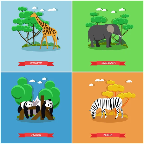 Állatkert koncepció banner. Vadon élő állatok. Vektoros illusztráció lapos stílusú design. Zsiráf, Zebra, elefánt, Panda medve — Stock Vector