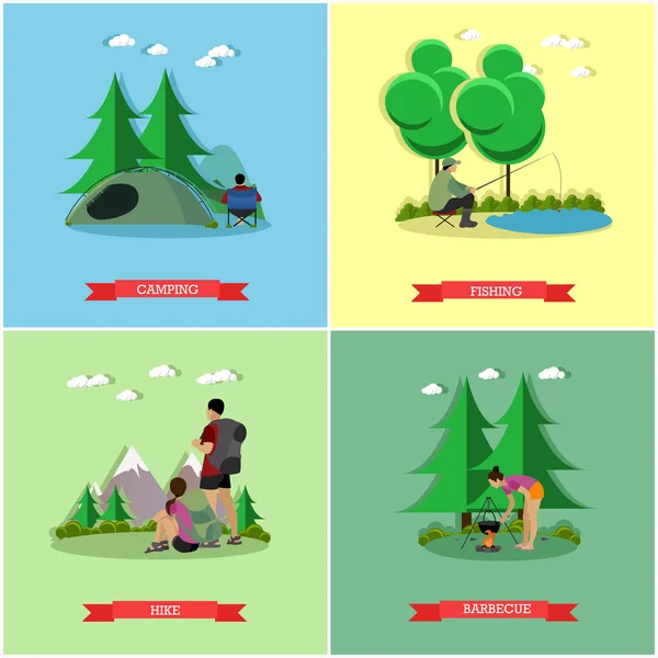 Conjunto vetorial de banners conceito de recreação de verão em estilo plano. Pessoas acampar no parque, pesca, caminhadas — Vetor de Stock