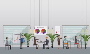 Vektör afiş konseptiyle iş sunumları ve toplantılar. Düz çizgi film tasarım