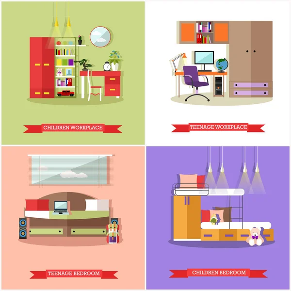 Anak-anak kamar tidur interior dalam gaya datar. Vektor ilustrasi. Elemen dan ikon desain kamar - Stok Vektor