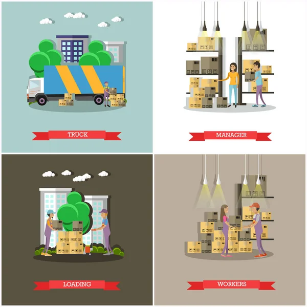 Logistika a dodávky služby koncept bannerů. Pracovníci skladu. Vektorové ilustrace v ploché styl designu. — Stockový vektor