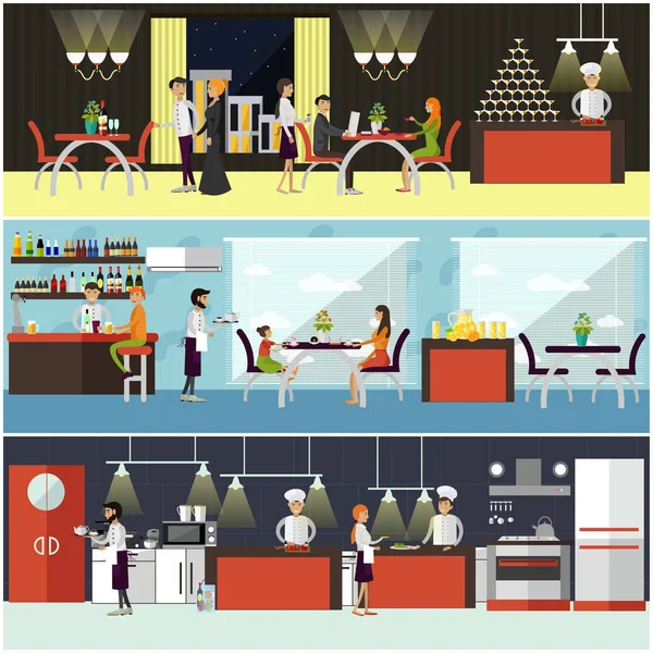 Vector set of banners with restaurant interiors. People having lunch in cafe. Kitchen, dining — Stock Vector