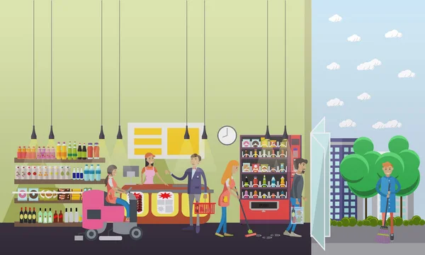 Люди убирают магазин во время покупок. Векторная иллюстрация в стиле плоского ретро. Уход за полом и обслуживание в супермаркете — стоковый вектор