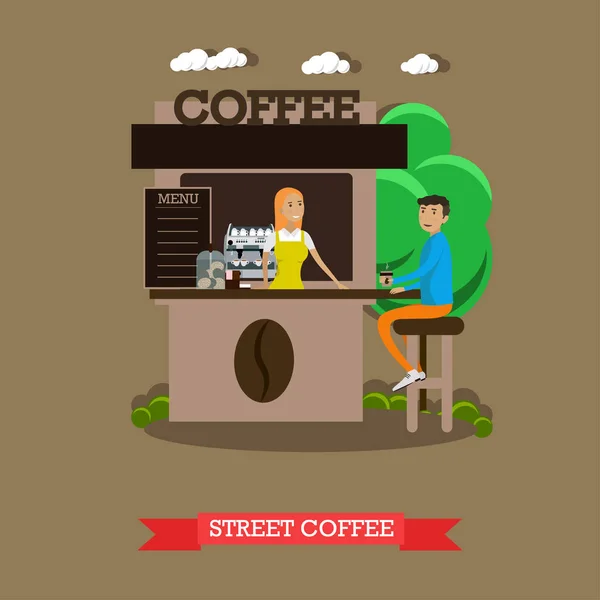 Cafetería calle concepto vector banner. Quiosco para llevar en estilo plano. Elementos e iconos de diseño . — Archivo Imágenes Vectoriales