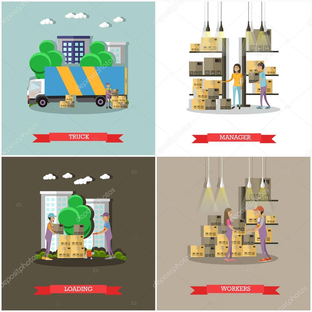 Logistic and delivery service concept banners. Warehouse workers. Vector illustration in flat style design.