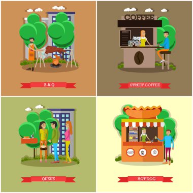 Sokak gıda kavramı vektör poster. İnsanlar park ahırda Urun satmak.