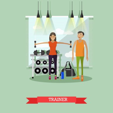 Kız bir spor salonunda kişisel antrenör ile çalışma dışarı. Fitness Merkezi afiş. Spor ekipmanları ve aksesuarları